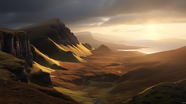 Il tramonto delle montagne Quiraing sull'isola di Skye, Scozia, Regno Unito