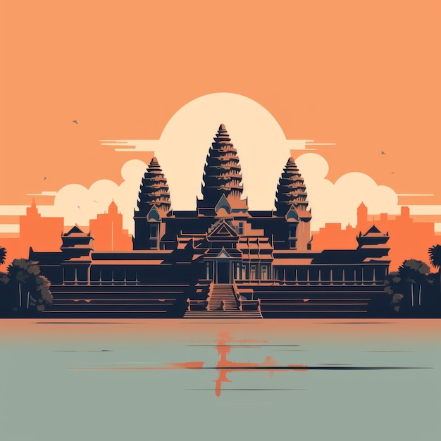 Il tramonto di Angkor Wat Vintage Modernismo Illustrazione vettoriale