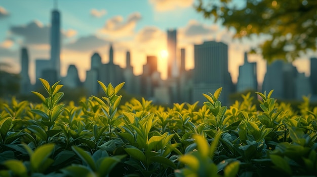 Il tramonto dietro l'abbondante verde urbano e l'orizzonte