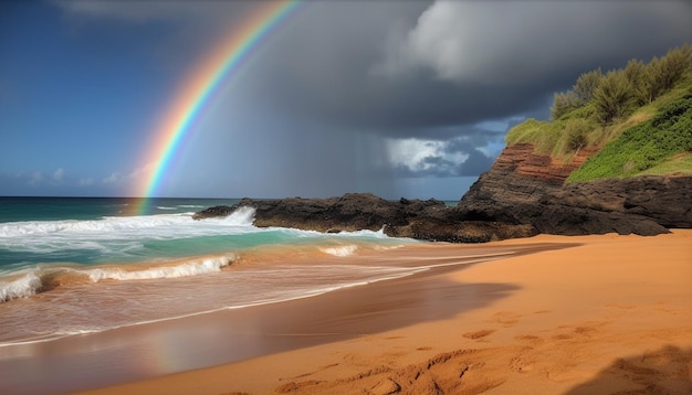 Il tramonto dipinge un arcobaleno maestoso su un paesaggio marino tranquillo generato dall'AI