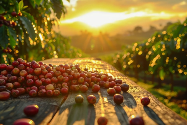 Il tramonto dorato su un vigneto lussureggiante con uva appena raccolta su un tavolo di legno in campagna