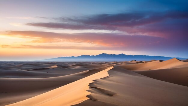 Il tramonto dorato sulle dune di sabbia del deserto con un cielo limpido che crea un paesaggio tranquillo di natura Bea