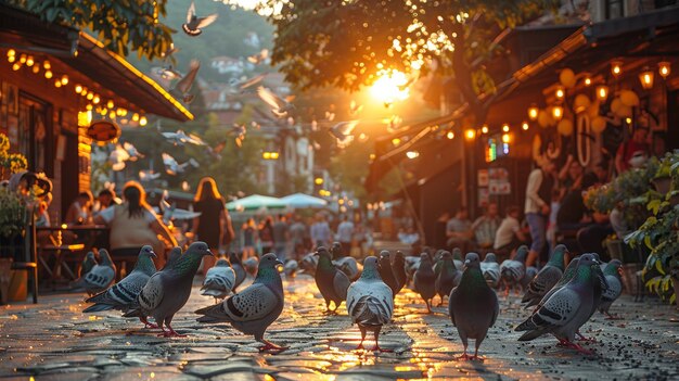 Il tramonto e i piccioni in una vivace piazza di Sarajevo