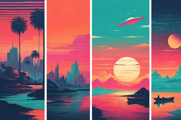 Il tramonto e l'alba sulla città Illustrazione vettoriale in stile retro