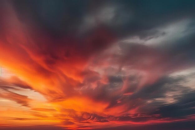 Il tramonto è sopra un campo nello stile della turbolenza colorata turchese scuro e rosso