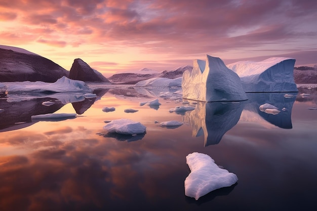 Il tramonto getta una luce calda sul ghiacciaio e sugli iceberg creati con l'AI generativa