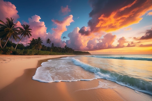 Il tramonto il cielo colorato sul mare la spiaggia deserta tropicale nessuna gente le nuvole drammatiche la destinazione di viaggio la fuga