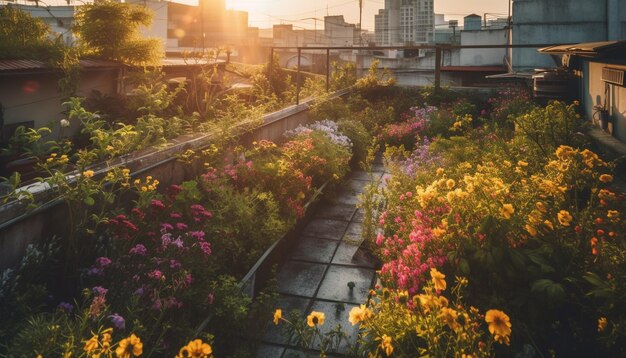 Il tramonto illumina lo skyline della città, la natura vibrante, la bellezza generata dall'intelligenza artificiale