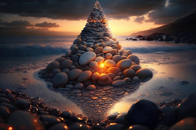 Il tramonto illumina una piramide di ciottoli su uno sfondo d'acqua