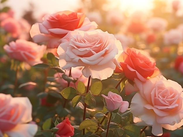 Il tramonto illumina una scena romantica di rose rosa in un sereno giardino estivo