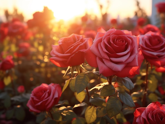 Il tramonto illumina una scena romantica di rose rosse in un sereno giardino estivo