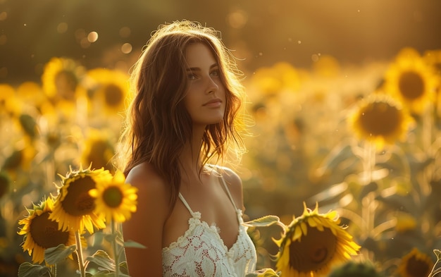 Il tramonto in un campo di girasoli