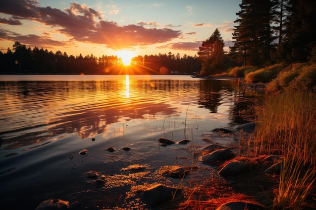 Il tramonto lancia colori sul lago bellissima immagine dell'alba