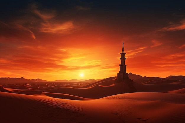 Il tramonto nel deserto dietro il minareto Immagine di sfondo islamica