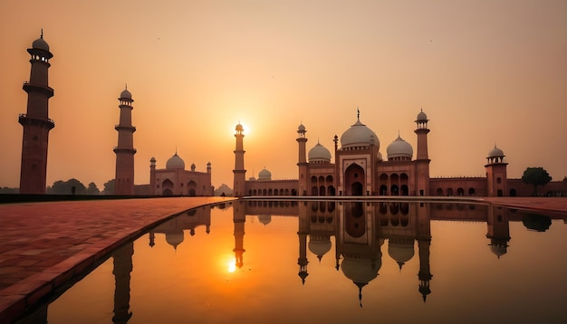 Il tramonto proietta un caldo bagliore sulla moschea di Badshahi a Lahore.