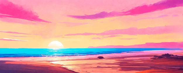 Il tramonto rosa pastello su una spiaggia in stile anime