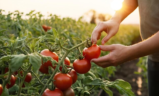 Il tramonto serale nella serra Le mani del giardiniere che raccoglie i pomodori rossi