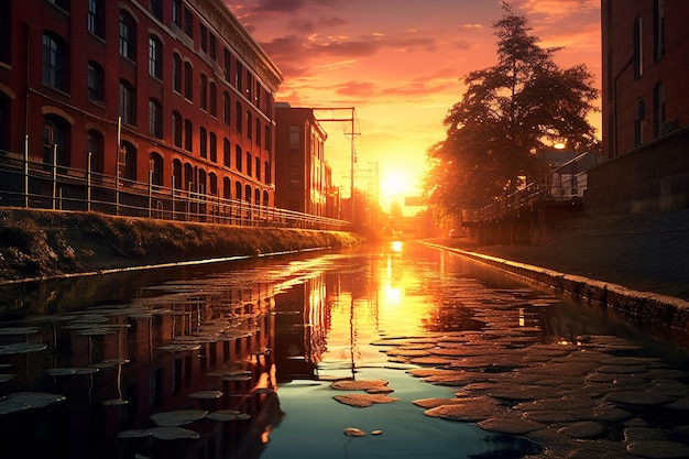 Il tramonto si riflette sul fiume di una città