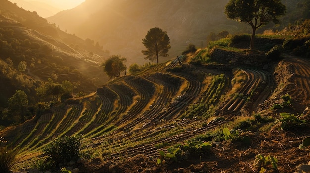 Il tramonto su campi agricoli a terrazze su una collina