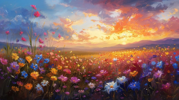 Il tramonto su un campo di fiori