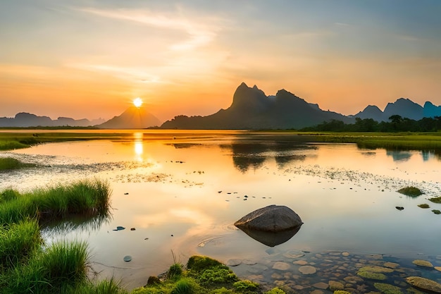 Il tramonto su un lago con le montagne sullo sfondo