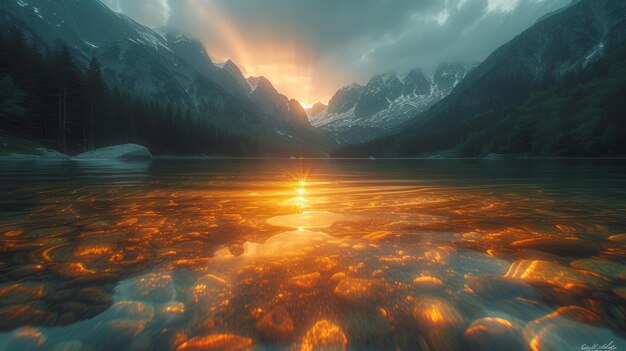 Il tramonto su un lago di montagna con acqua cristallina