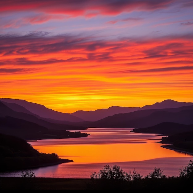 Il tramonto su un lago di montagna in Norvegia
