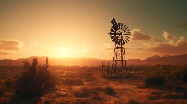 Il tramonto su un mulino a vento nel deserto del Nevada, USA