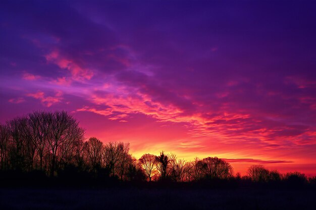 Il tramonto su un prato con silhouette di alberi e cielo viola