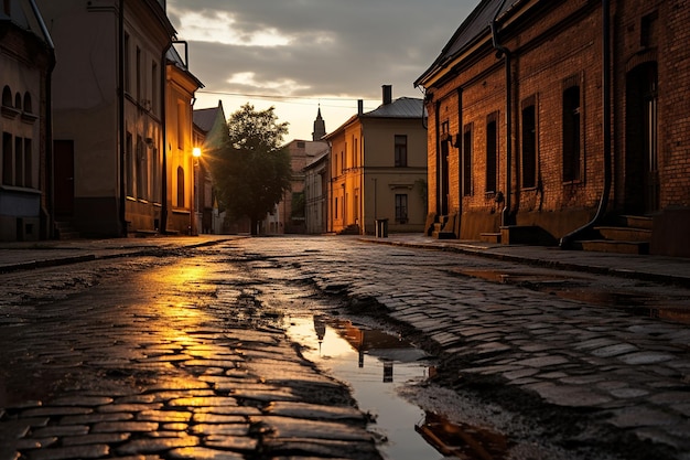 Il tramonto su una pittoresca città vecchia con strade di ciottoli