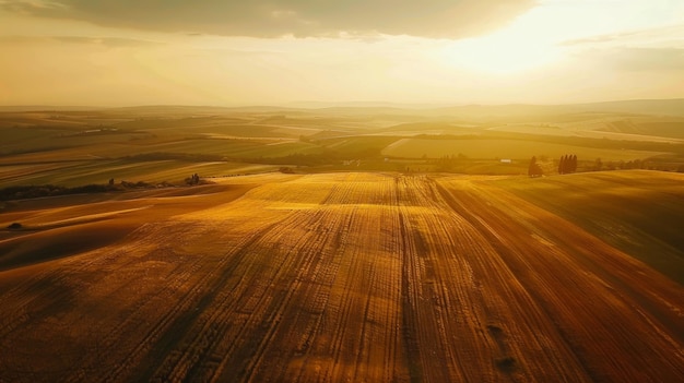 Il tramonto sui campi della raccolta dorata con ombre e modelli di luce