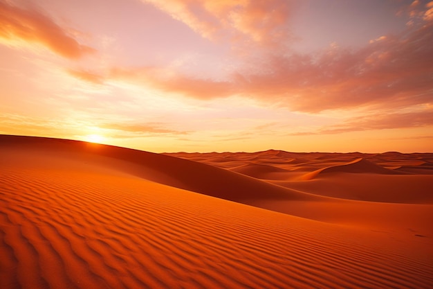 Il tramonto sul deserto con un albero solitario in primo piano AI generativa