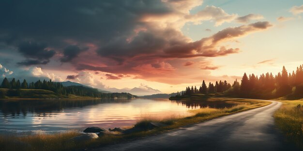 Il tramonto sul lago nella foresta Bel paesaggio estivo