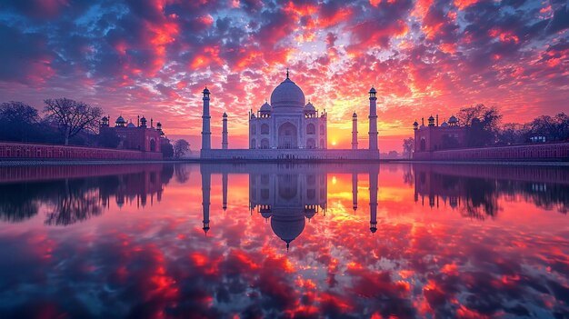 Il tramonto sul maestoso Taj Mahal che si riflette nel fiume Yamuna