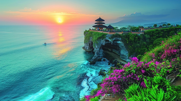 Foto il tramonto sul tempio di uluwatu