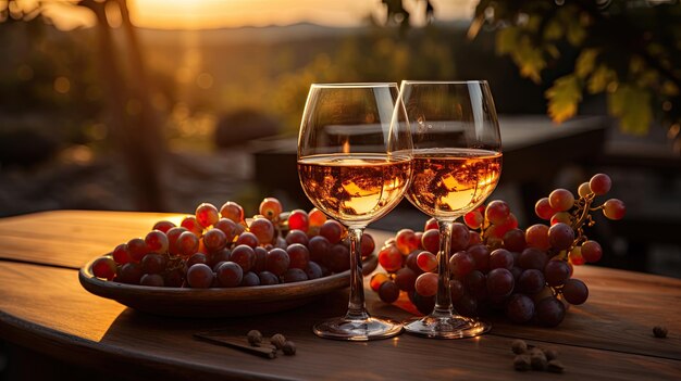 Il tramonto sul vigneto mentre le uve rosse sono mature e una bottiglia di vino con due bicchieri versati e spuntini leggeri sono su una scatola di legno