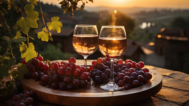 Il tramonto sul vigneto mentre le uve rosse sono mature e una bottiglia di vino con due bicchieri versati e spuntini leggeri sono su una scatola di legno