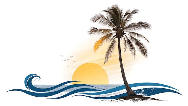 Il tramonto sull'oceano con le palme e le onde