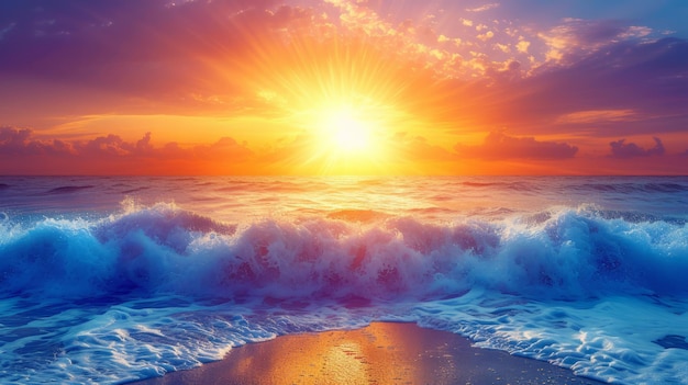 Il tramonto sull'oceano con una grande onda in primo piano