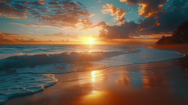 Il tramonto sull'oceano sulla spiaggia
