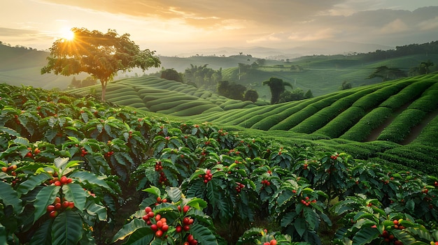 Il tramonto sulla piantagione di caffè AI generativa