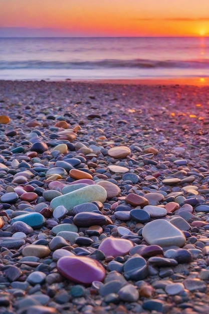 Il tramonto sulla spiaggia di sabbia bellissimo vetro e pietra lucida ciottoli arrotondati rocce di diversi colori foregr
