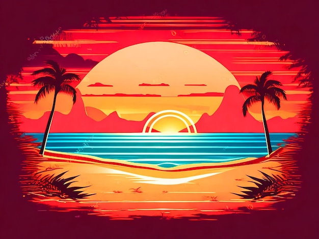 Il tramonto sulla spiaggia disegno di maglietta retro vintage