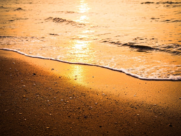 Il tramonto sulla spiaggia il mare sullo sfondo l'alba sulla sabbia l'oceano l'estate le onde tropicali l'acqua l'isola sulla costa la bellezza la natura il paesaggio marino la drammatica alba arancione sulla riva