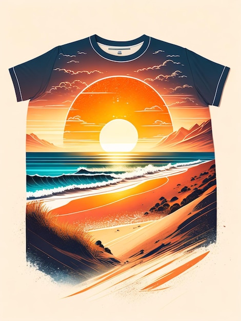 Il tramonto sulla spiaggia sabbia bianca composizione epica t-shirt design rzminjourney arte vettoriale