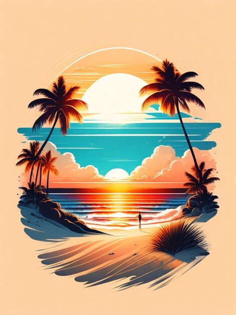 Il tramonto sulla spiaggia sabbia bianca composizione epica t-shirt design rzminjourney arte vettoriale