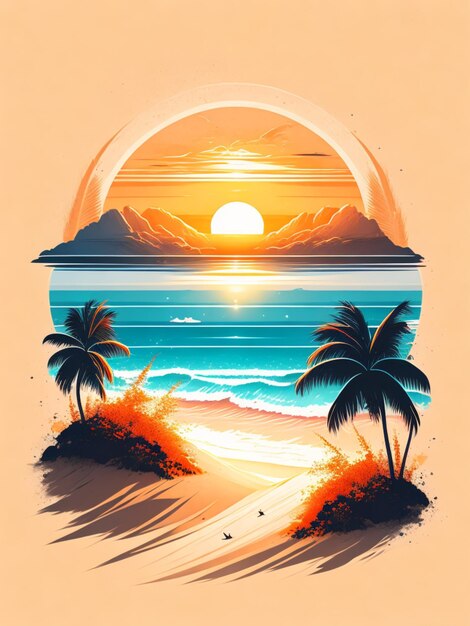 Il tramonto sulla spiaggia sabbia bianca composizione epica t-shirt design rzminjourney arte vettoriale