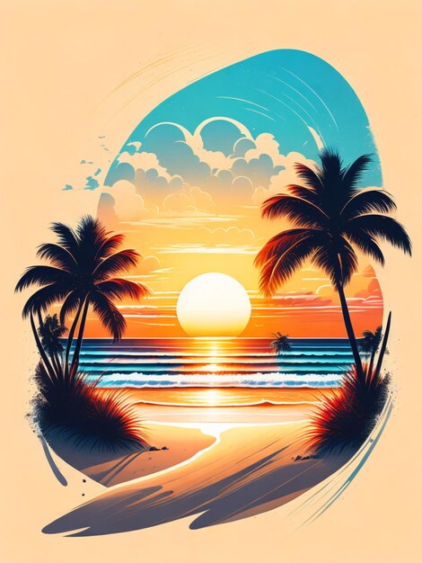 Il tramonto sulla spiaggia sabbia bianca composizione epica t-shirt design rzminjourney arte vettoriale