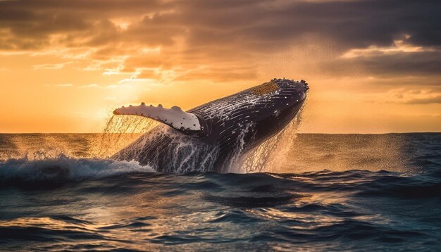 Il tramonto sulle onde d'acqua che schizzano su una nave nautica un paesaggio marino idilliaco generato dall'intelligenza artificiale