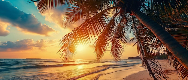 Il tramonto tra le foglie di palma sulla spiaggia tropicale